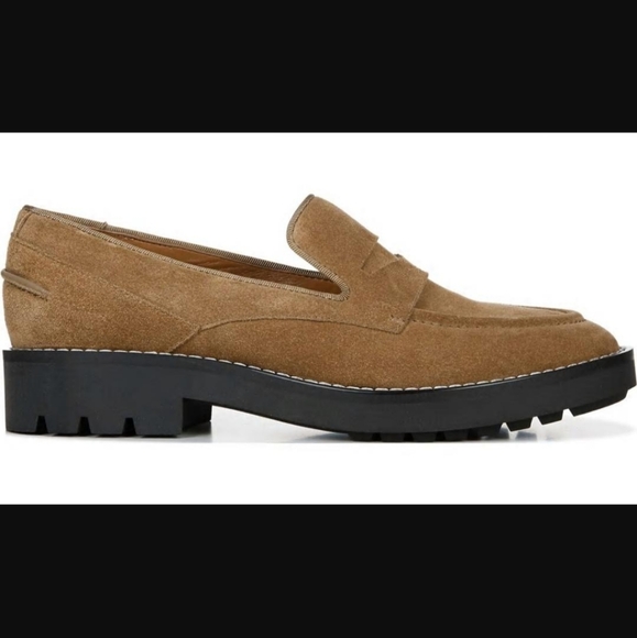 Franco Sarto Anthropologie Tavoli Lug Sole Penny Loafers in Toasted Barley Suede - Picture 6 of 13